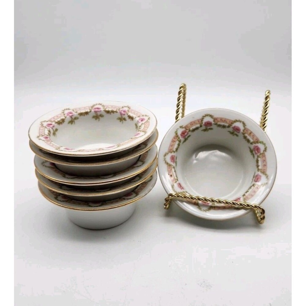 ANTIQUE LIMOGES RAMEKIN SET 6 PC PINK ROSE GARLAND GOLD RIM RAMEKINS FRANCEL